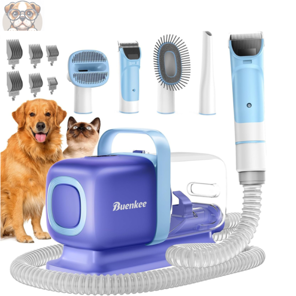 Buenkee Dog Grooming Kit with Pet Grooming Vacuum - Low Noise Dog Clipper, Shedding Brush, and Cleaning Tool in 1 for Dogs and Cats, Blue