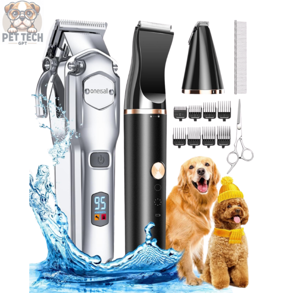 "Oneisall Dog Grooming Kit: Cordless Low Noise Clippers for Thick Hair, Stainless Steel Blades, and Waterproof Dog Paw Trimmer